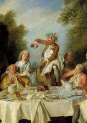 Hamontbijt. Scène van een landelijk banket rond een ham in de adel (detail). Schilderij door Nicolas Lancret (1690-1743) 1735. Chantilly, museum Condé