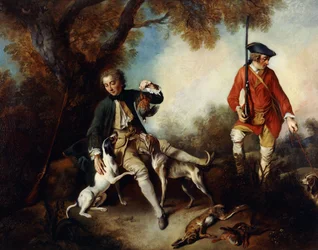 La Halte de Chasseurs: Een jager die een wildvogel vasthoudt en rust bij een boom, zijn dienaar en honden in de buurt