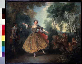 Mlle Camargo dansend. Marie Anne de Cupis Camargo, bekend als La Camargo (1710-1770), dansend.