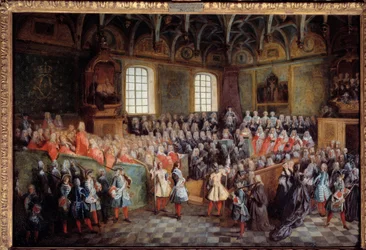 Lit de justice gehouden door de meerderheid van koning Lodewijk XV in de Grote Kamer van het Parlement van Parijs op 22 februari