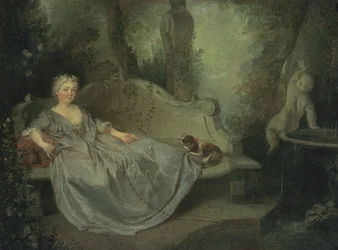 Portret van een dame in een tuin, 1730