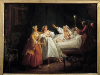 Verhalen van Jean de La Fontaine: De Gascon Gestraft Schilderij op koper door Nicolas Lancret (1690-1743)