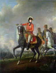 Ruiterportret van de hertog van Wellington met Britse huzaren op een slagveld, 1814