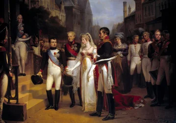 Keizer Napoleon Bonaparte ontvangt koningin Louise van Pruisen in Tilsit op 6/07/1807