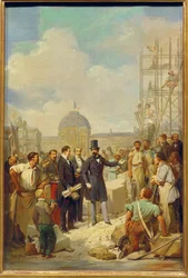 Napoleon III bezoekt de bouwplaats van het Nieuwe Louvre
