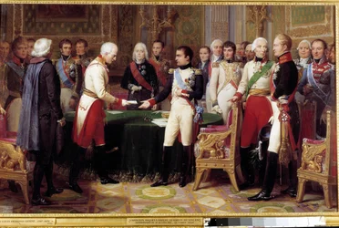 Het interview van Erfurt, 27 september - 14 oktober 1808: Napoleon I ontvangt baron Vincent, een Oostenrijkse diplomaat en gezant van de keizer van Oostenrijk. In het midden tussen de twee personages zien we Charles Maurice de Talleyrand Perigord (1754-183