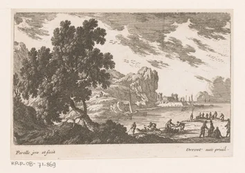 Kustgezicht met havenarbeiders