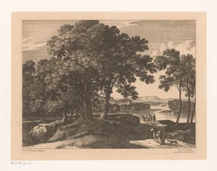 Landschap met bomen en reizigers langs een rivier