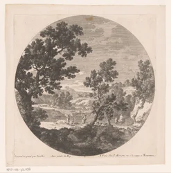 Landschap met herders langs een rivier