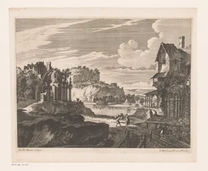 Landschap met huizen en ruïnes langs rivier