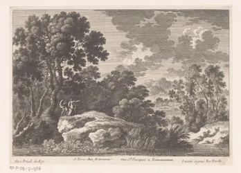 Landschap met man, vrouw en kind op rots bij vijver