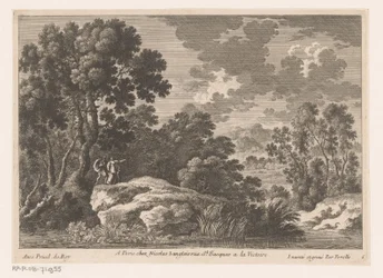 Landschap met man, vrouw en kind op rots bij vijver