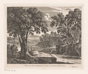 Landschap met rivier en wandelaars