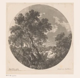 Landschap met twee figuren lopend achter lastdier