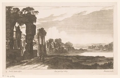Rivierlandschap met begroeide ruïnes