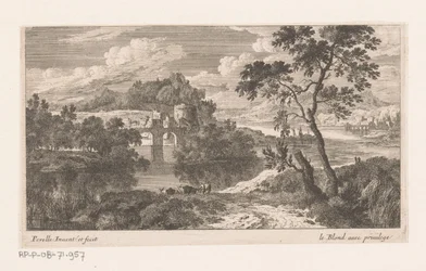 Rivierlandschap met brug met twee bogen