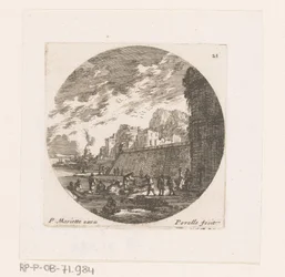 Stadsgezicht met aangemeerde roeiboot