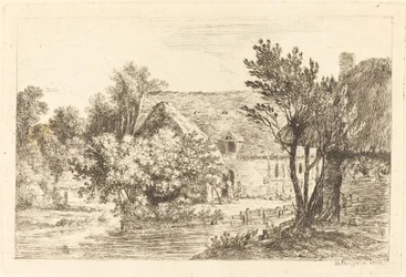 Een Huis en een Schaduwrijk Huisje aan de Oever van een Rivier