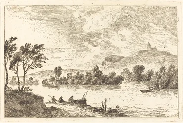 Rivierlandschap met Figuren en een Boot aan de Waterkant