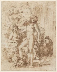 Bacchus en Erigone (pen en inkt met was op papier)
