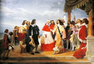 Kardinaal Richelieu presenteert Poussin aan Lodewijk XIII in 1640, detail van schilderij uit 1832 door Jean Alaux (1786-1864), Frankrijk