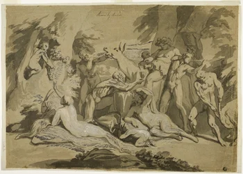 Dronken Silenus Satyr en Nimfen