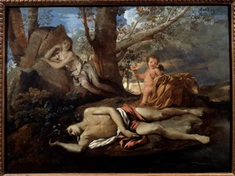 Echo en Narcissus, illustratie voor de legende die Ovidius inspireerde in “De Metamorfosen”. Schilderij, 17e eeuw. Afmetingen: 0,74 x 1 m, Parijs
