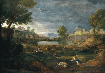 Landschap tijdens een onweersbui met Pyramus en Thisbe