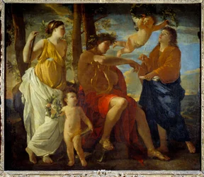 De inspiratie van de dichter, een dichter met een lier in de hand en een lauwerkrans op het hoofd, omringd door Muzen en putti. schilderij door Nicolas Poussin