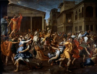 De ontvoering van de Sabijnse vrouwen door de Romeinen. Romulus links observeert de scène. Schilderij door Nicolas Poussin