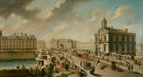 Gezicht op de Pont Neuf en de Samaritaine pomp gezien vanaf de Quai de la Megisserie