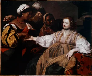 De waarzegster Een vrouw kwam een handlezer raadplegen. Schilderij door Nicolas Regnier (1591-1667) Zon. 1,2x1,5 m