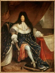 Portret van Lodewijk XIV met het plan van het koninklijk huis van Saint Cyr
