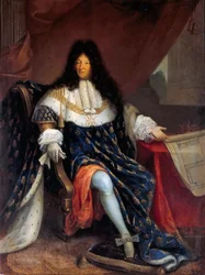 Portret van Lodewijk XIV met het plan voor de Maison Royale de Saint-Louis in Saint-Cyr