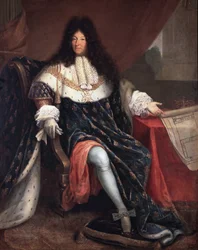 Portret van Lodewijk XIV met het plan van het koninklijk huis van Saint Cyr (olieverf op doek)