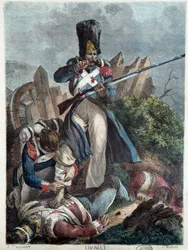 De Franse soldaat. (Grenadier I keizerrijk wesse) Gravure door Nicolas Toussaint Charlet (1792-1845)