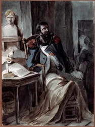 De oude grognard. Een voormalig lid van de garde van Napoleon I (1769-1821), gebrekkig naast een buste van de keizer. Tekening van Nicolas Toussaint Charlet (1792-1845), 5/05/1820. Rueil-Malmaison, Musée national des châteaux de Malmaison et Bois-Préau