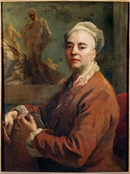 Zelfportret in studio-frock (schilderij op doek)