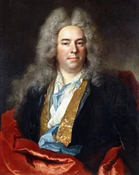 Portret van Jacques Vincent Bassablons, adviseur van de koning, half-lengte, met een blauwe jas met goud geborduurd vest en een rode omslagdoek, 1718