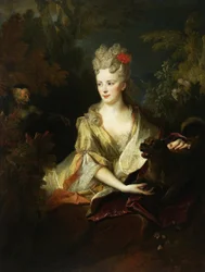 Portret van een dame met een hond en een aap