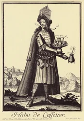 Caffettier: "Habit de Caffettier " (Koffiezetter of koffiehandelaar, chocolade, thee, likeuren) Satirische tekening uit 