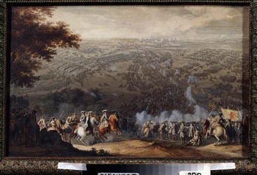 De Slag bij Poltava op 27 juni 1709. In deze slag stond het Zweedse leger van Carl XII van Zweden tegenover dat van de Russische tsaar Peter de Grote tijdens de Grote Noordse Oorlog (1700 tot 1721). Schilderij door Nico