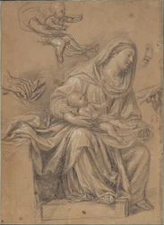 Zittende Madonna met het Christuskind op haar knie en verwante studies