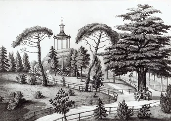 Het Labyrint van de Jardin des Plantes, Parijs, gegraveerd door Francois Aubertin (177383-1821)