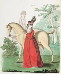 Een dame te paard in rijjurk uit Nikolaus Heideloff