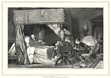 Italiaanse astronoom Galileo Galilei in Arcetri, Italië, waar hij stierf in 1642 (litho)