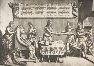 Eerbiedwaardige luiheid, koningin van Luilekkerland, een dikke vrouw zittend op een verplaatsbare toiletstoel die wordt..., 1565