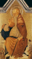 Sint Antonius Abt op de troon met leden van een broederschap