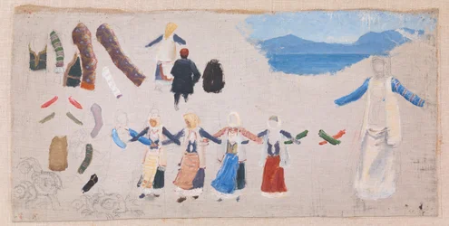 Dansende vrouwen, kostuumdetails en een landschap