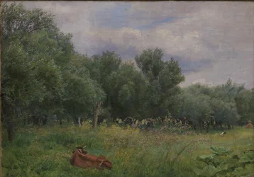 Hooibergen op een weide bij Nysø